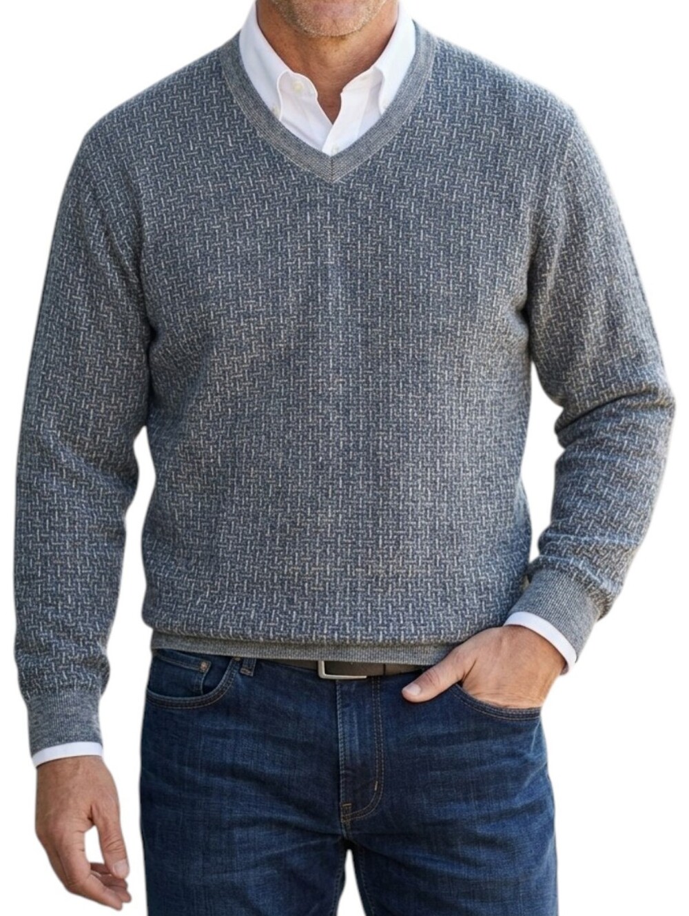 Ermenegildo Zegna V-Neck Sweater Blue Geometric Knit Italy Mens US L EU 50